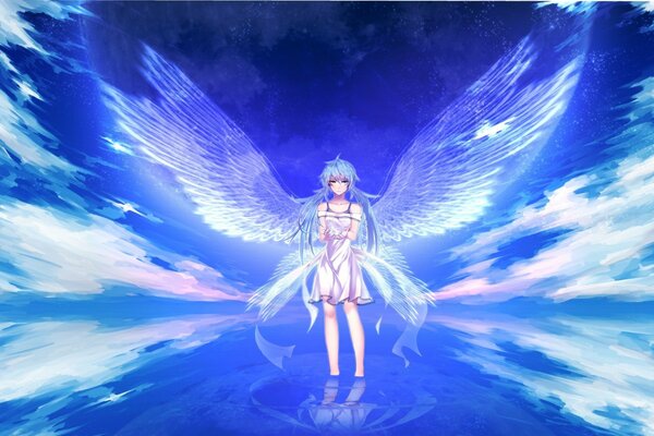 Anime heroine in the image of an angel with huge wings on a blue sky background