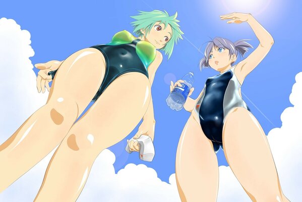 Аниме девушки в купальниках на пляже