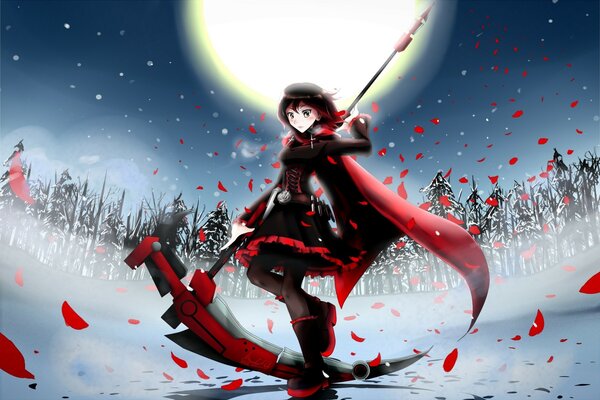 Chica guerrera en la nieve en traje negro y rojo