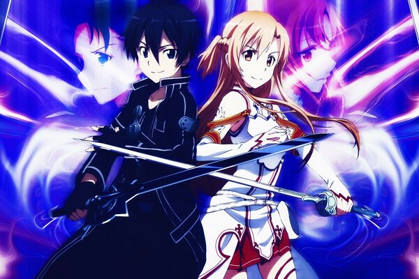 The warlike heroes of the anime Kirigaya Kazuto and Yuki Asuna in armor and with swords in their hands