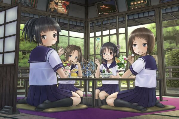 Chicas en uniforme escolar en el almuerzo. Anime