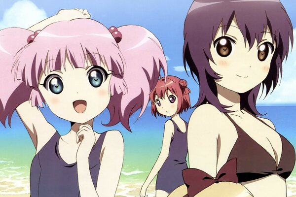 Tinatsu, Yui y Akari en la playa en trajes de baño