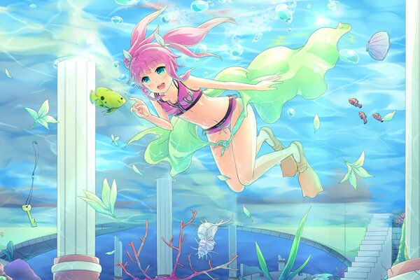 Anime underwater world, underwater kingdom, girl in fins, fish