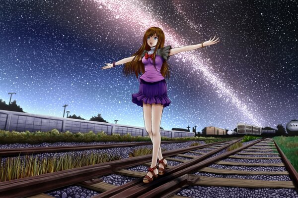 Chica de anime en el fondo del cielo estrellado