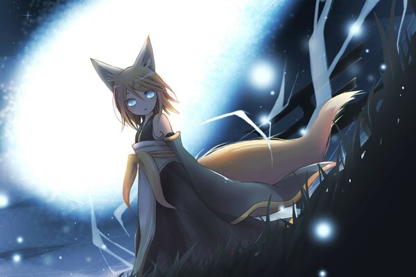 Kitsune Kagamine Rin on the background of a falling comet