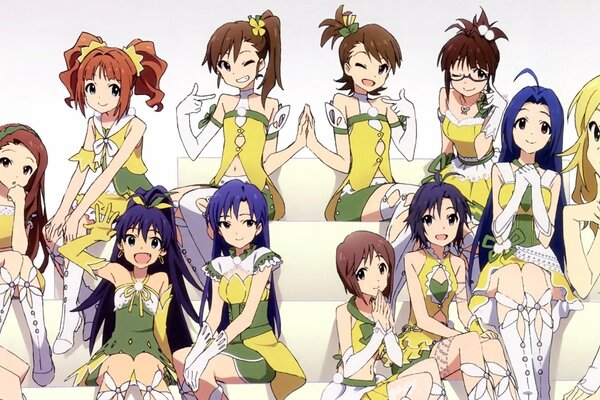 A harem of girls in yellow dresses