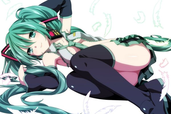 Feathers and green hair. Hatsune Miku