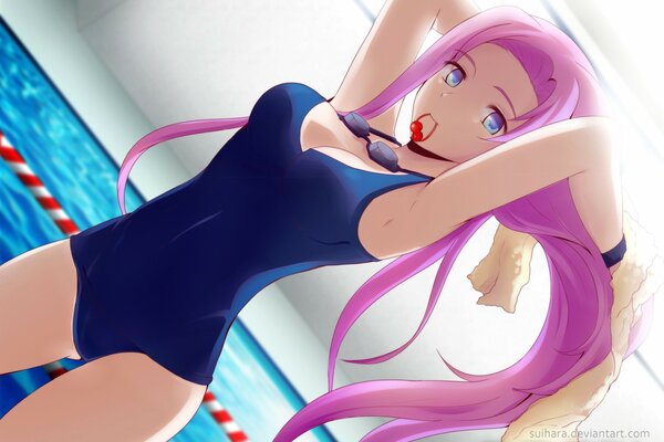 A girl in a swimsuit with pink hair