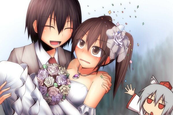 El novio de la boda de anime lleva a la novia en sus brazos