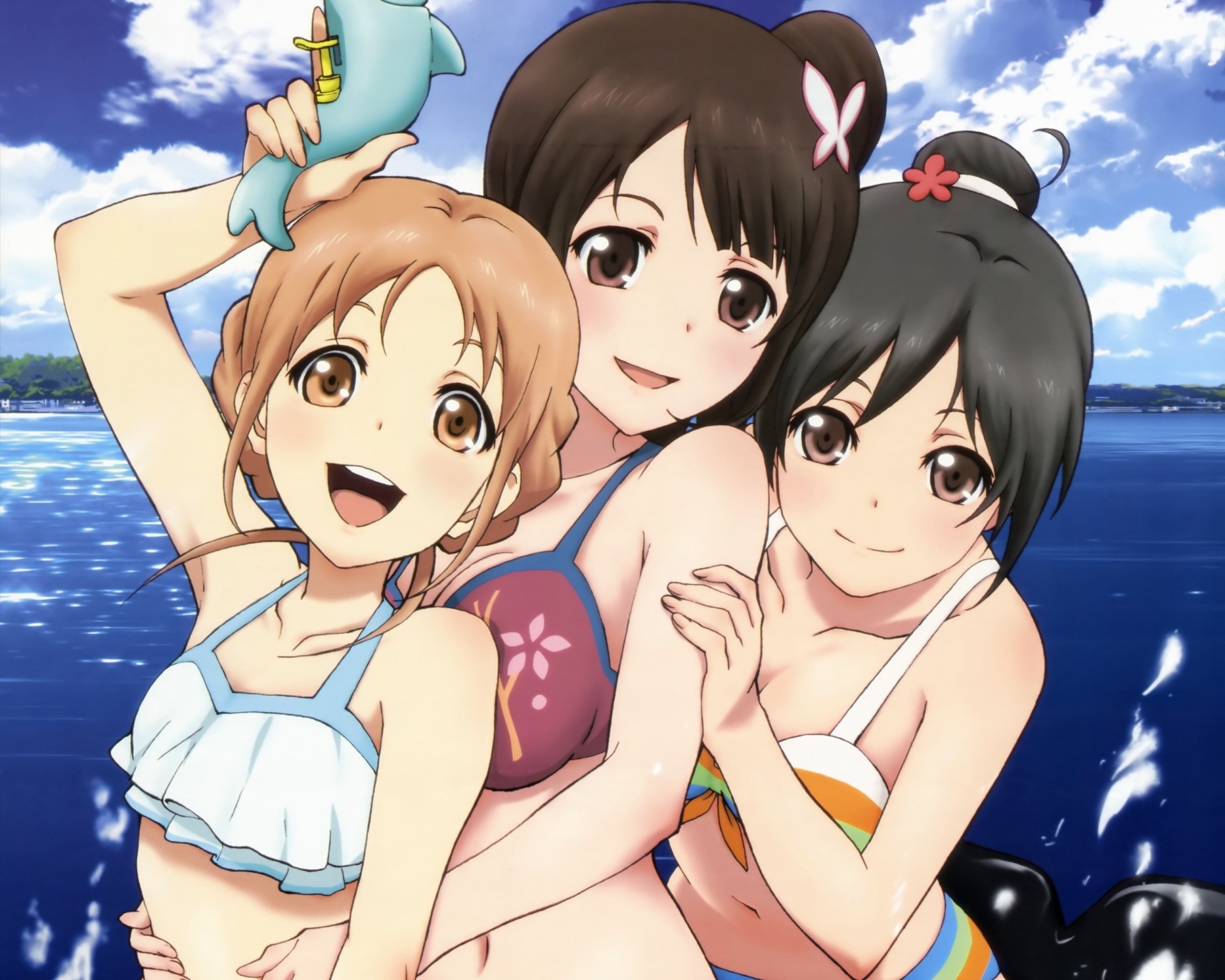 ky blonde hair swimsuit clouds bikini black hair tree water 3girls blue eyes brown hair