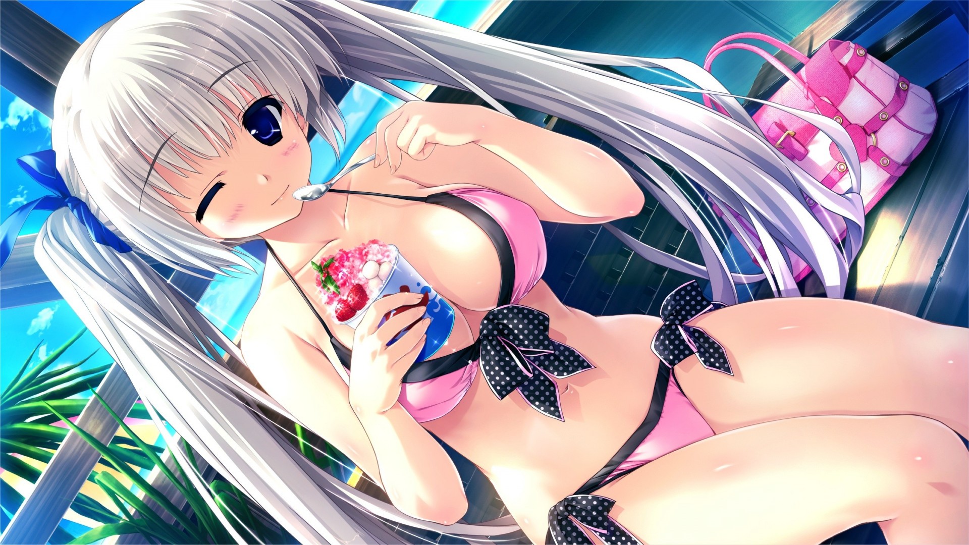 wink ice cream long hair bikini swimsuit twintails white hair