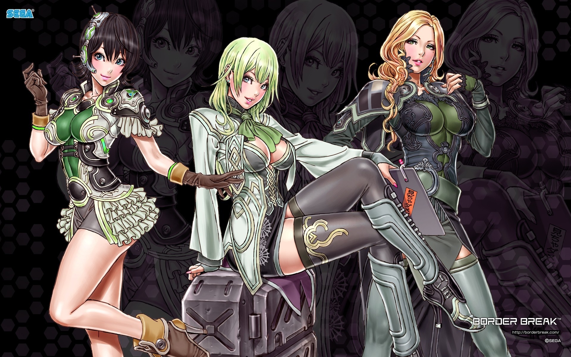 blue eyes short hair blonde hair skirt black hair green hair gloves green eyes long hair 3girls thighhigh