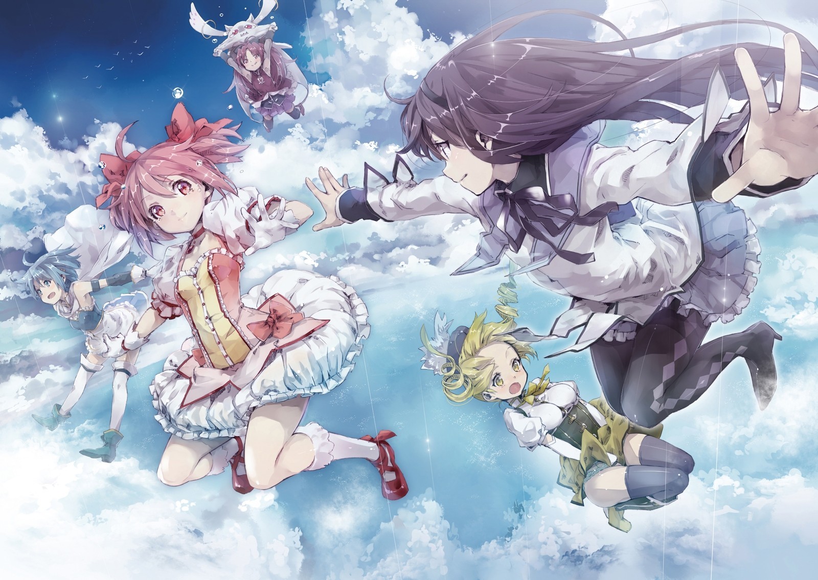 red hair sky pink hair clouds dress kyuubee akemi homura thighhigh