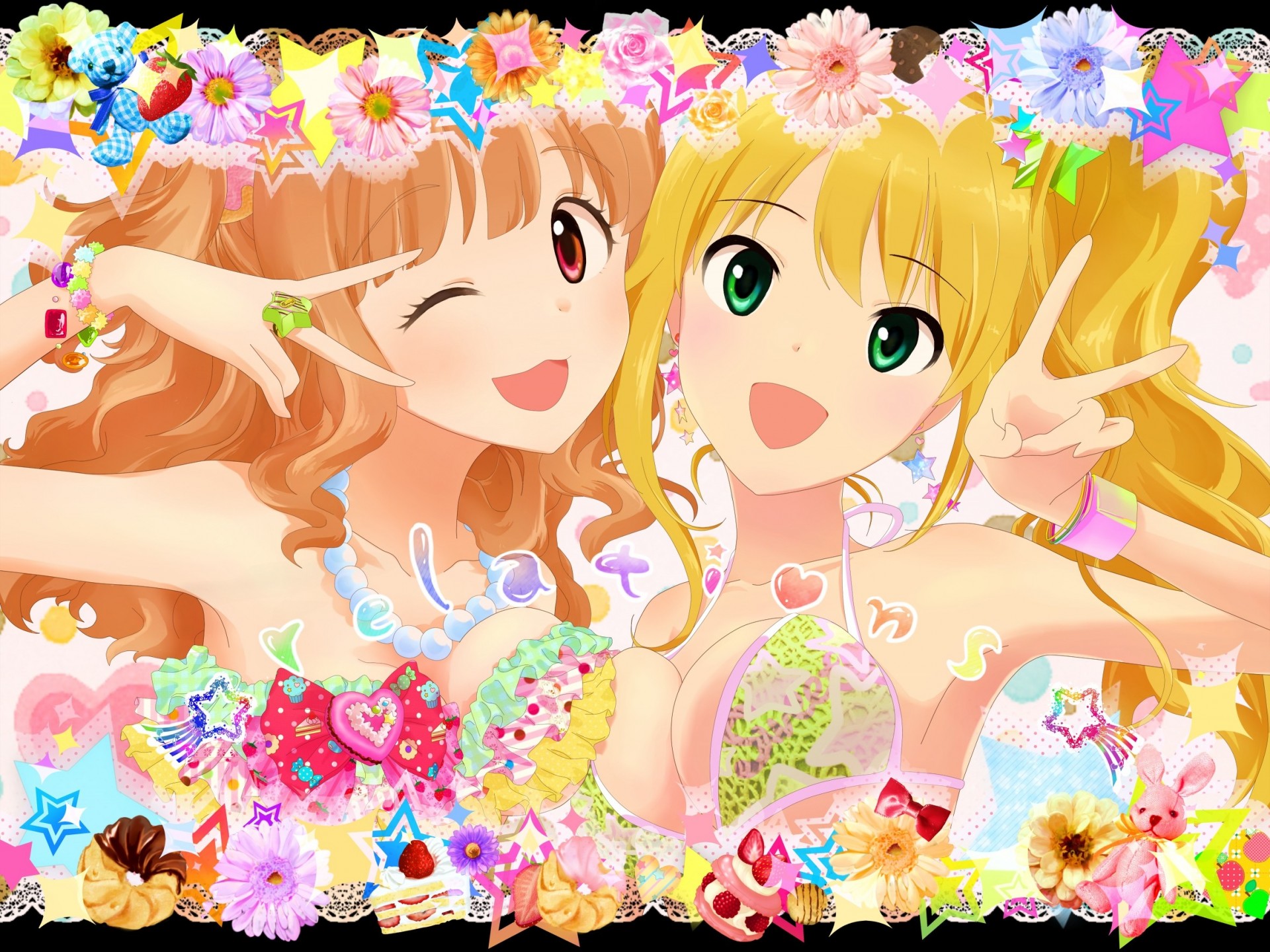 hoshii miki brown eyes wink blonde hair 2girls bikini swimsuit necklace cake teddy bear green eyes tail food brown hair