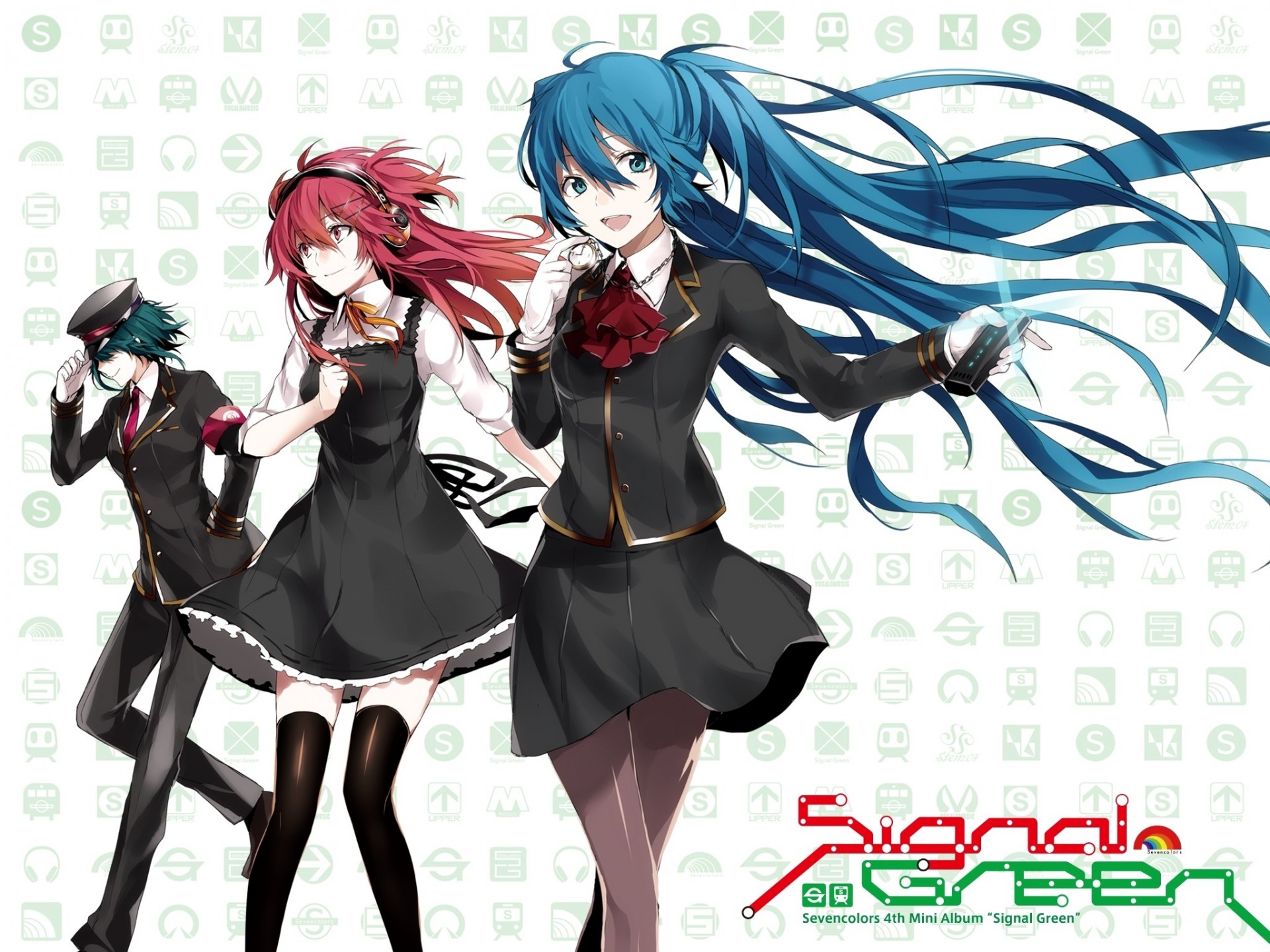 cintas twintails pelo corto hatsune miku atar pelo largo guantes ojos azules medias sombrero uniforme vestir auriculares 3girls thighhighs pelo azul