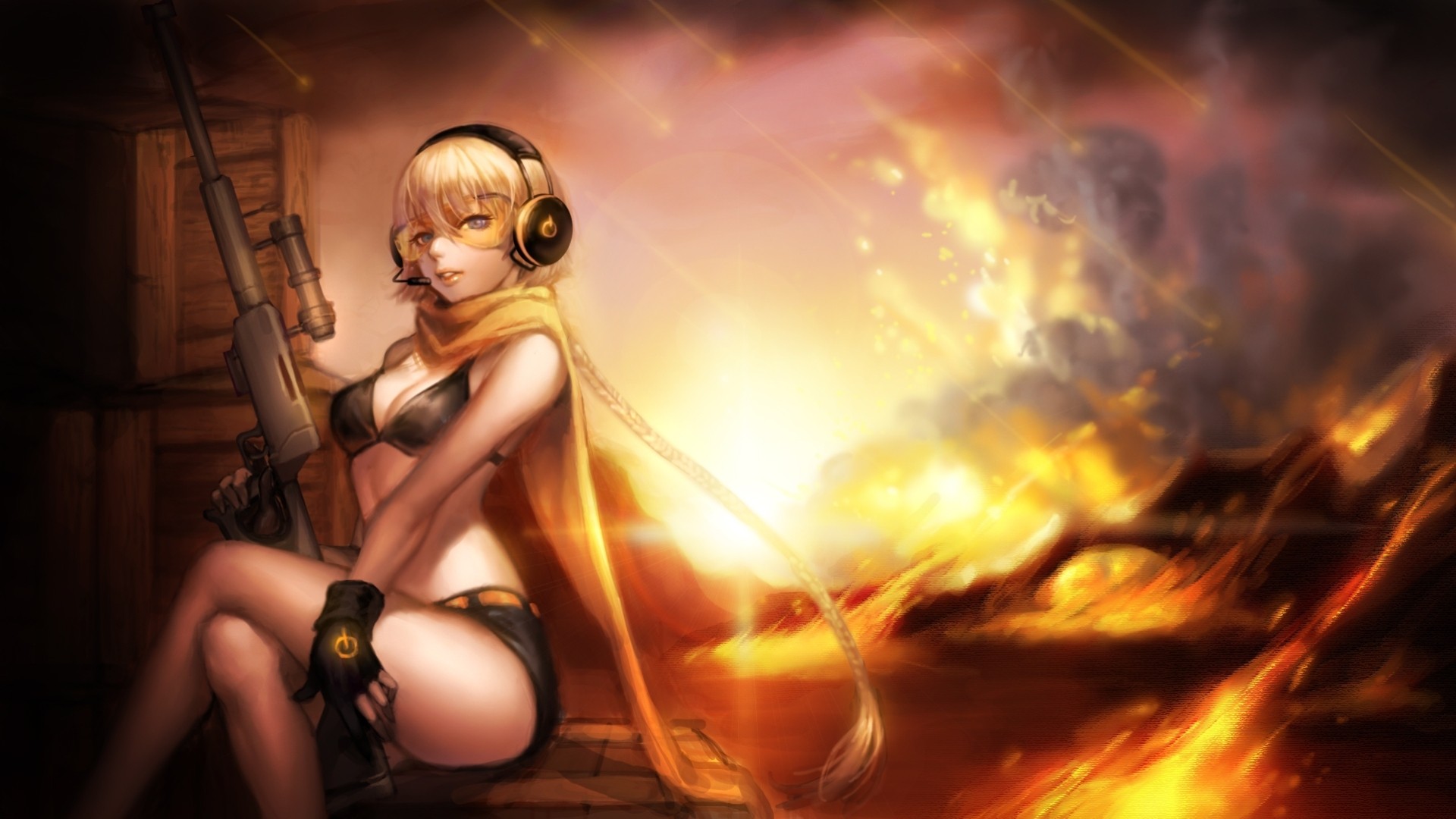 blue eyes flying fortress spit blonde hair gloves weapon long hair shorts headphones bikini scarf fire