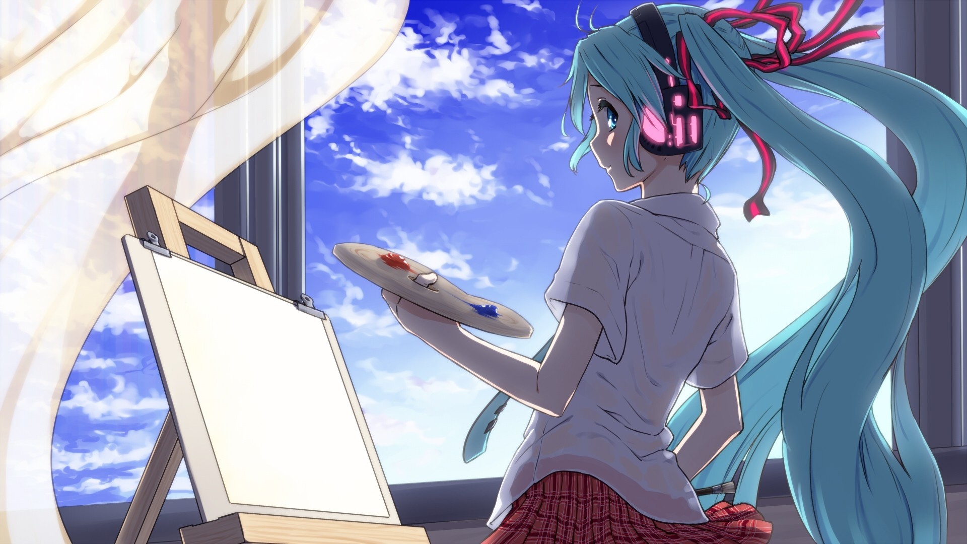 cielo capelli lunghi hatsune miku nuvole twintails cuffie