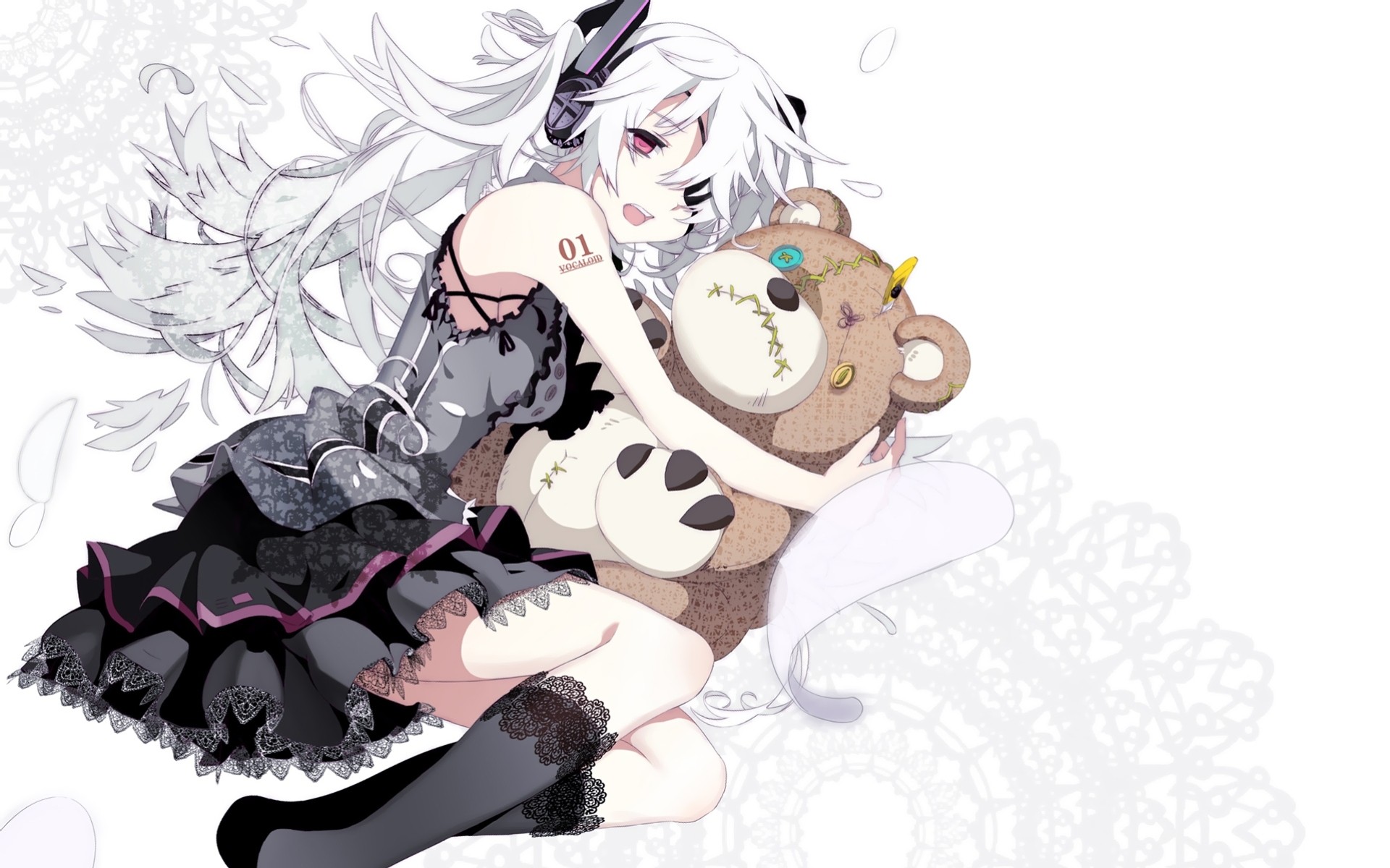 dressings pink eyes long hair white teddy bear white hair dress headphones hatsune miku