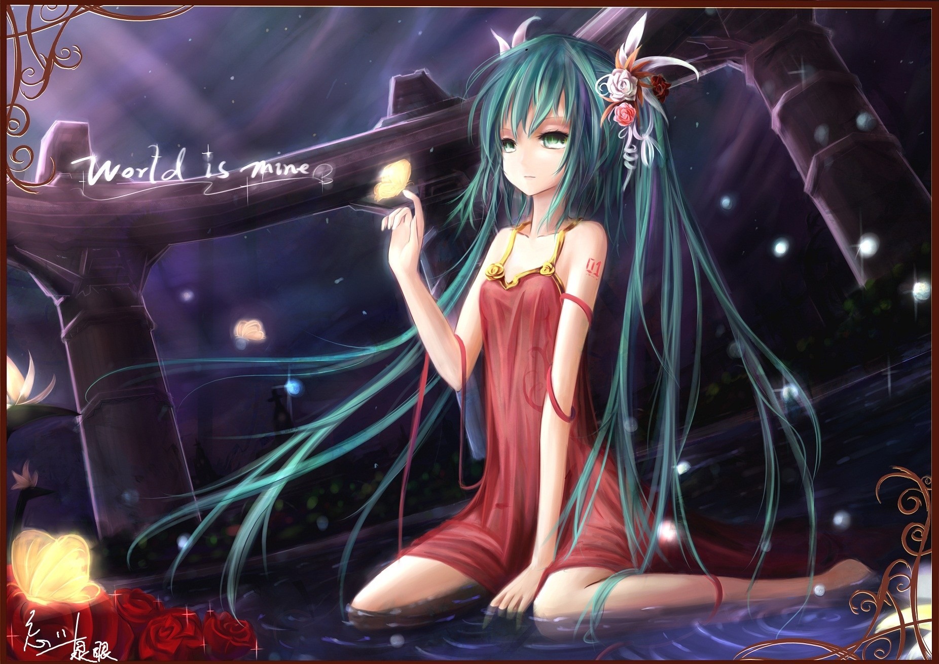 nass hintergrundbeleuchtung langes haar twintails wasser blumen hatsune miku