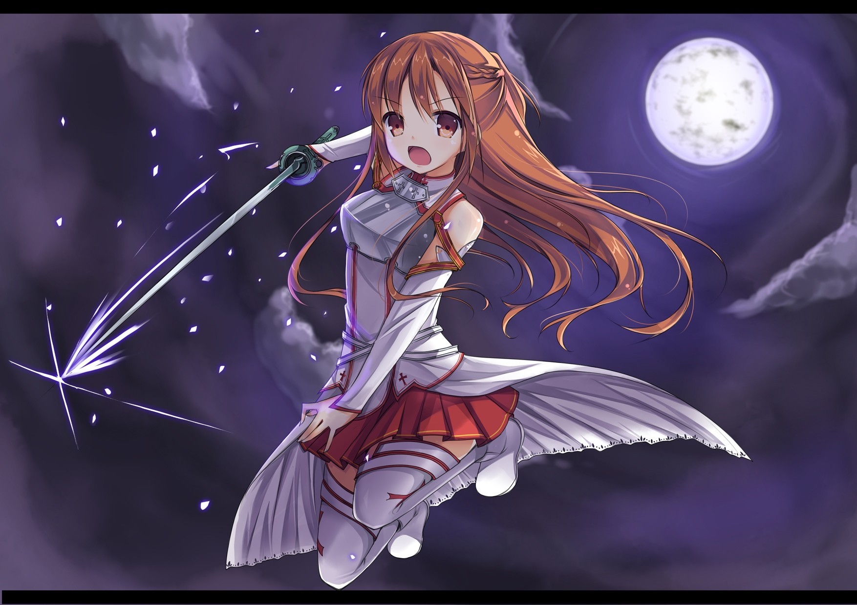 brown eyes armour weapon long hair yuuki asuna moon sword thighhighs brown hair