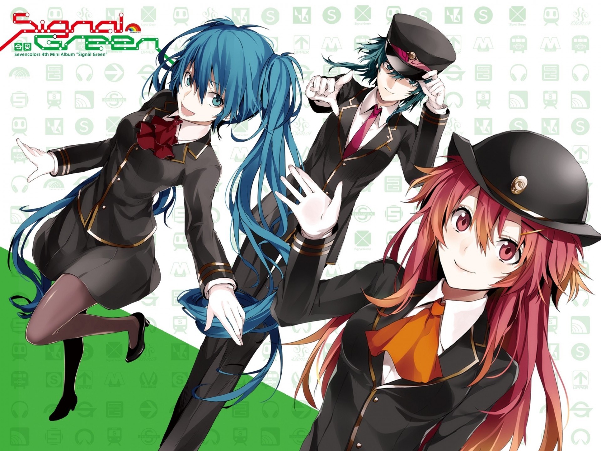 ojos azules pelo rosa traje pelo corto hatsune miku twintails ojos rosados pelo largo guantes medias sombrero uniforme atar 3girls pelo azul