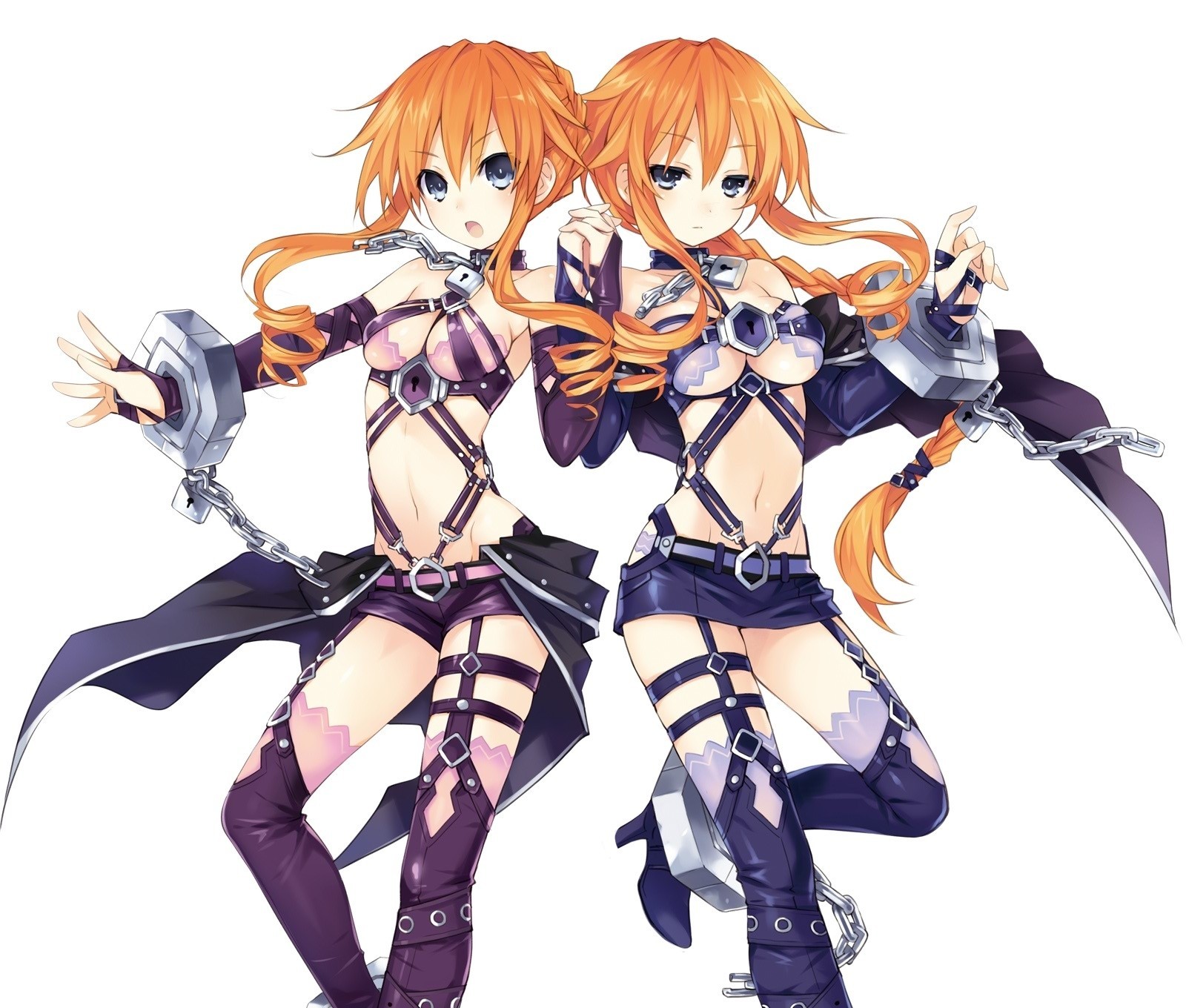 blue eyes cape white chains handcuffs twins collar 2girls shorts tail orange hair thighhigh