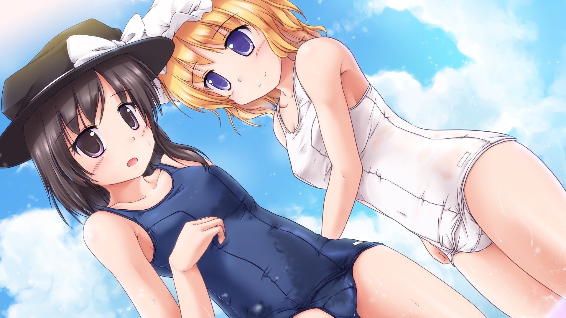 hort hair blonde hair hat blush torment purple eyes 2girls swimsuit black eyes brown hair