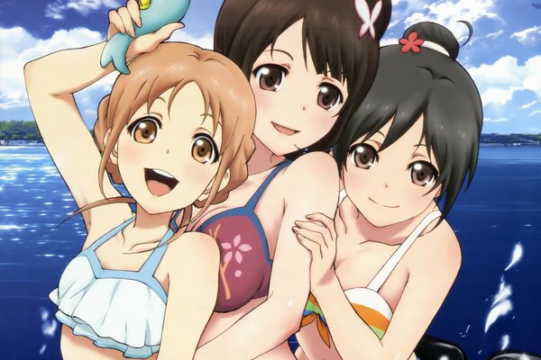 Three anime girlfriends on the shore of the sea