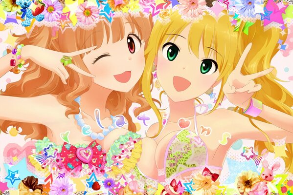 Two painted bright girls in colorful pictures