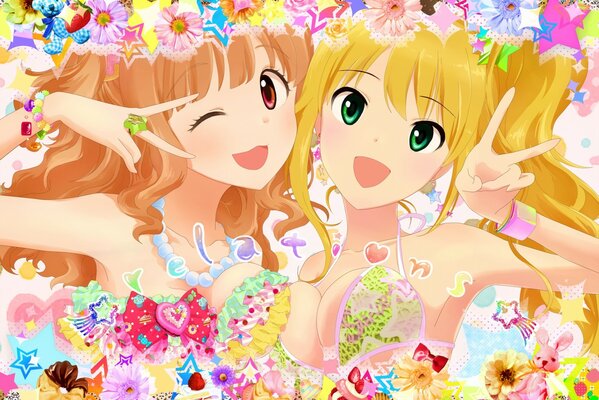 Due ragazze luminose disegnate in immagini multicolori