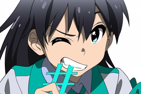 Ein Zeichen im Anime-Stil, ein Teenager versucht das Zeichen Gitter auf den Zahn