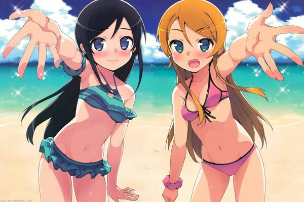 Dwie dziewczyny na plaży w strojach kąpielowych