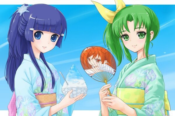 Two anime girls in Japanese costumes