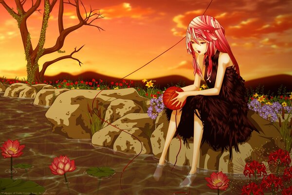La ragazza disegnata in un vestito scuro con capelli rosa si siede nel campo sulla pietra