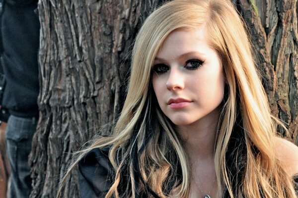 Avril lavigne sullo sfondo di un enorme albero