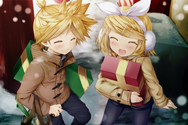 A boy and a girl are standing under the snow and holding gift boxes in their hands