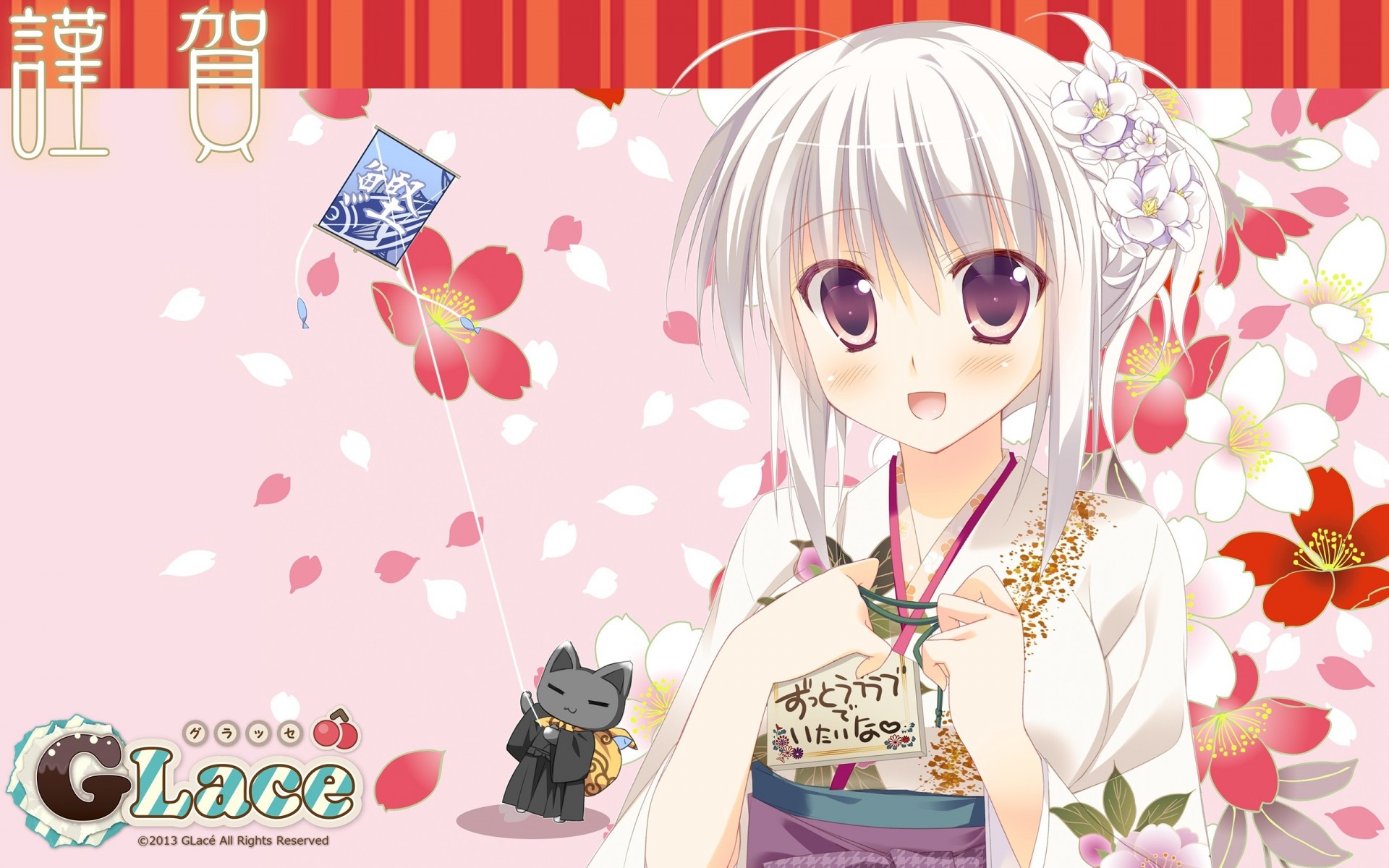 blue eyes short hair petals blush cat animals tagme japanese clothes kimono white hair flower