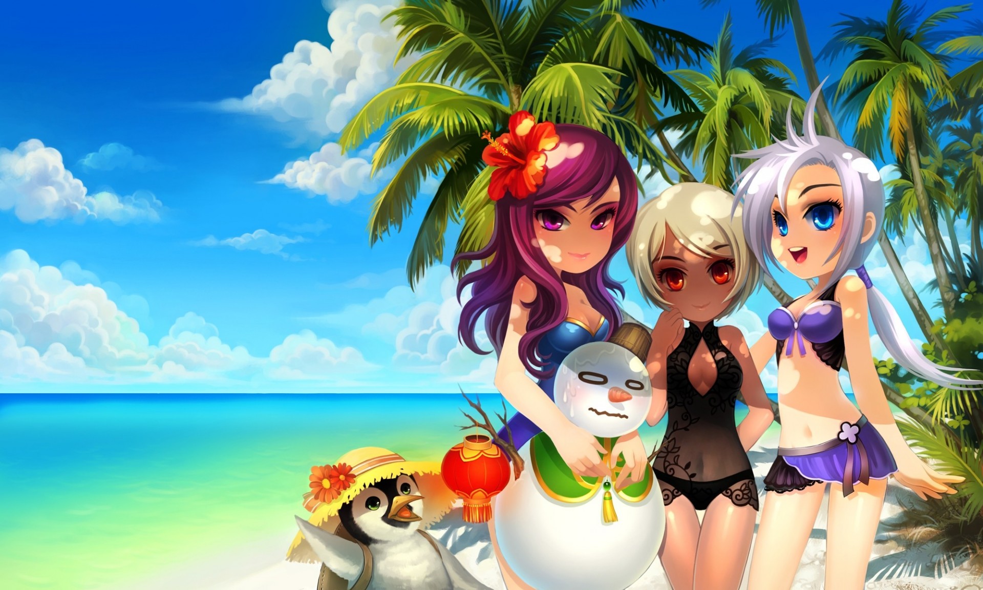 blue eyes short hair orange eyes beach long hair hat white hair clouds bikini swimsuit penguin tree purple eyes water flower tail 3girls purple hair snowman brown hair