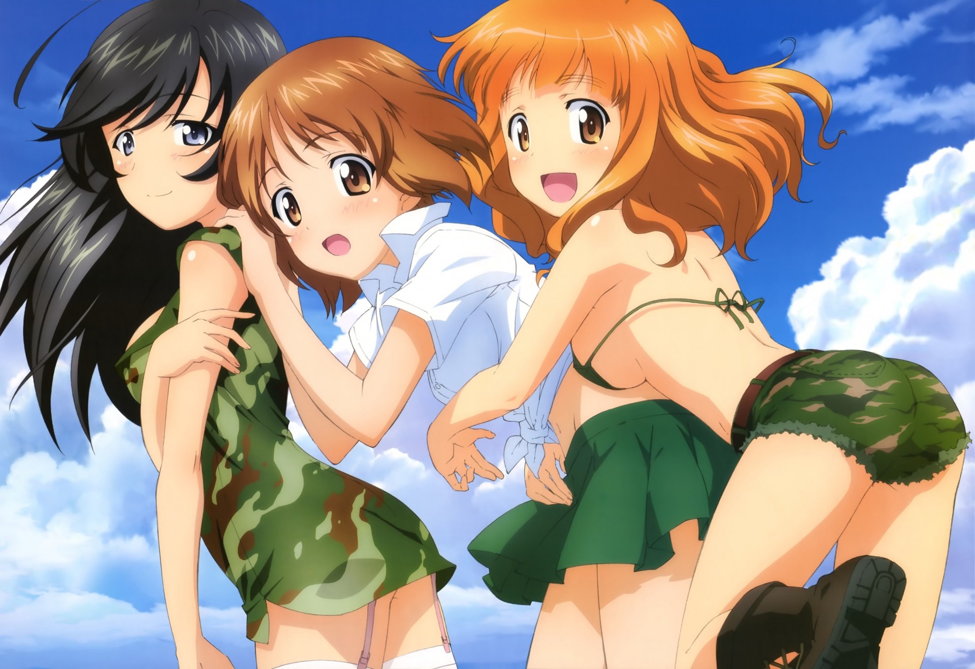 bikini black hair orange hair stockings 3girls brown hair