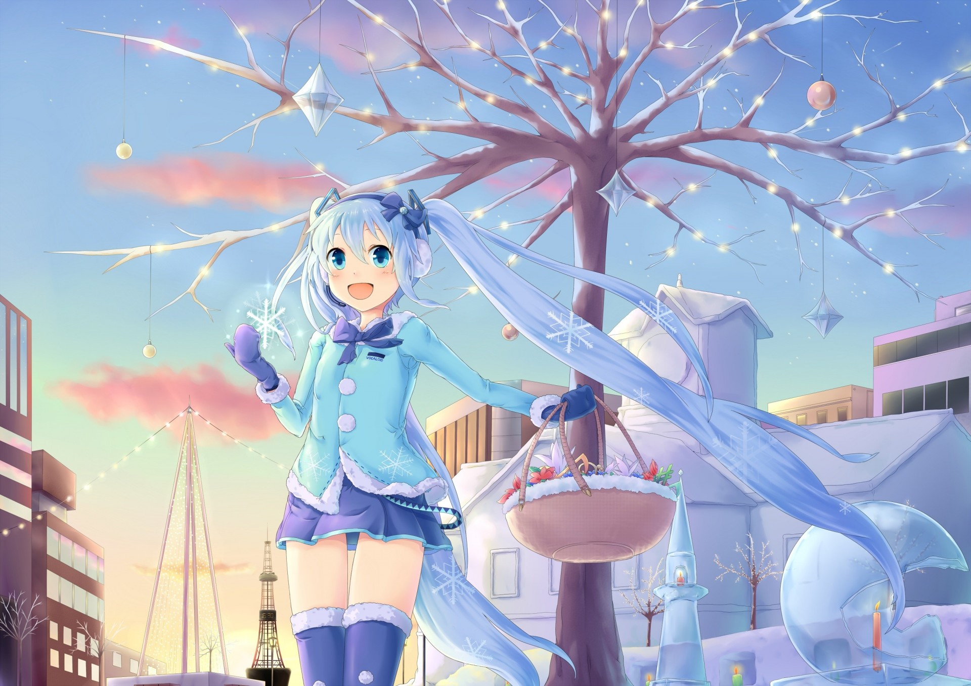 blue eyes zettai ryouiki twintails long hair winter hatsune miku thighhighs blue hair