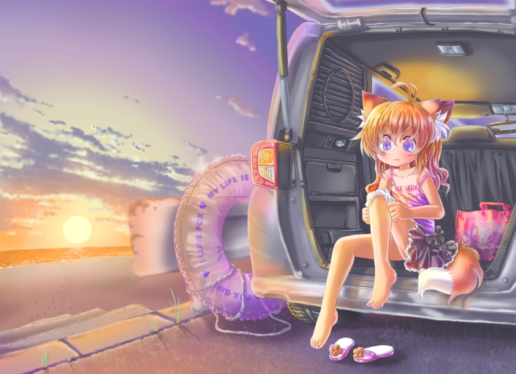 unset barefoot long hair blush clouds purple eyes orange hair of the tube animal ears tail beach