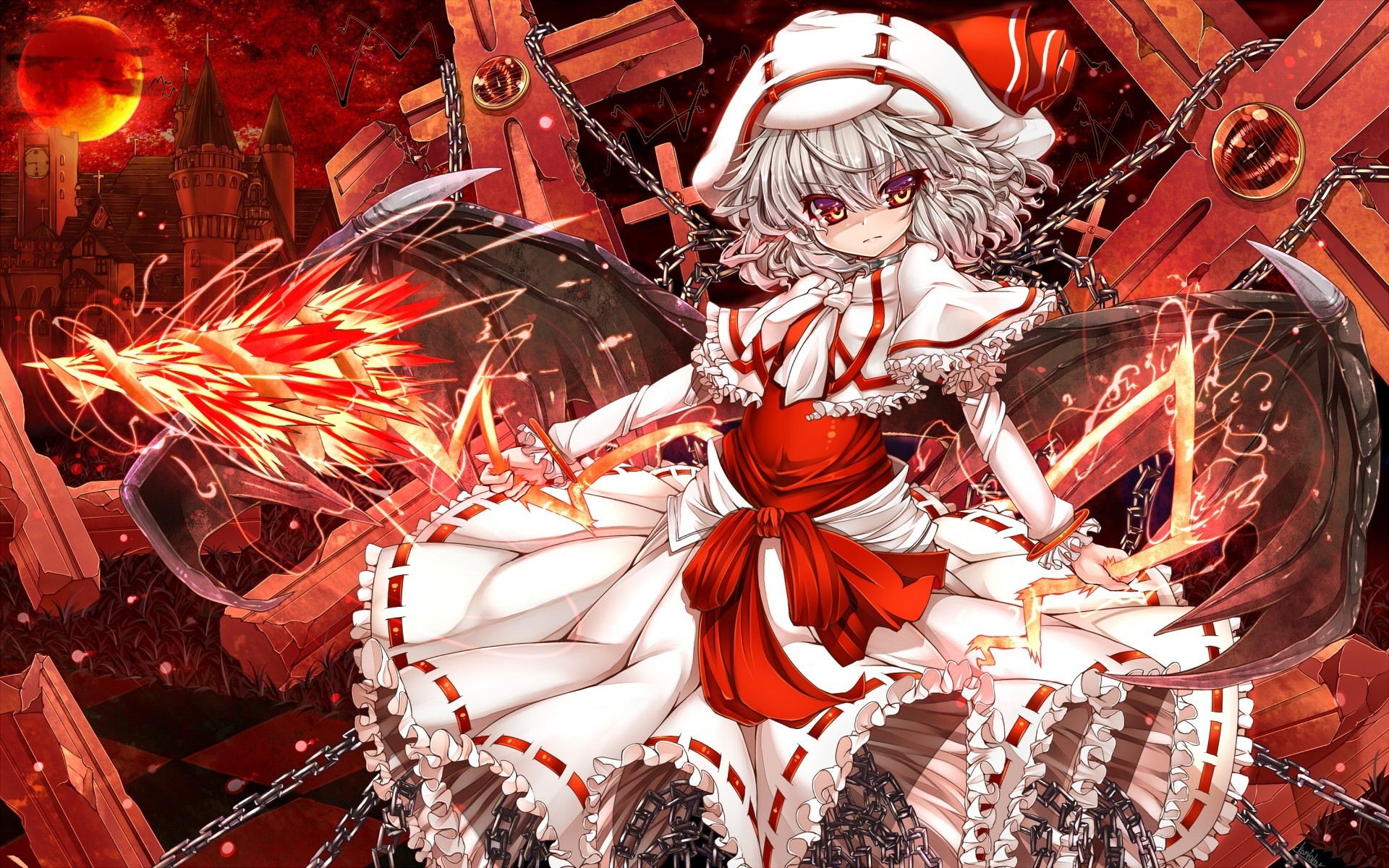 hort hair vampire chains spear weapon moon red eyes dress white hair wings remilia scarlet