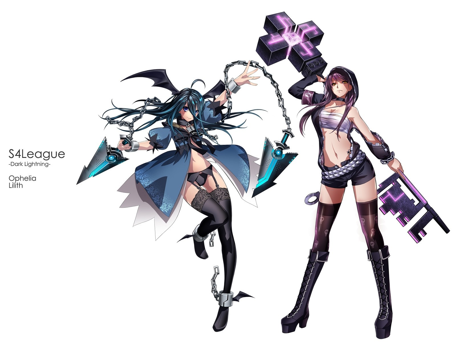 blue eyes boots wings white chains handcuffs long hair purple hair 2girls bandage collar weapon thighhighs blue hair