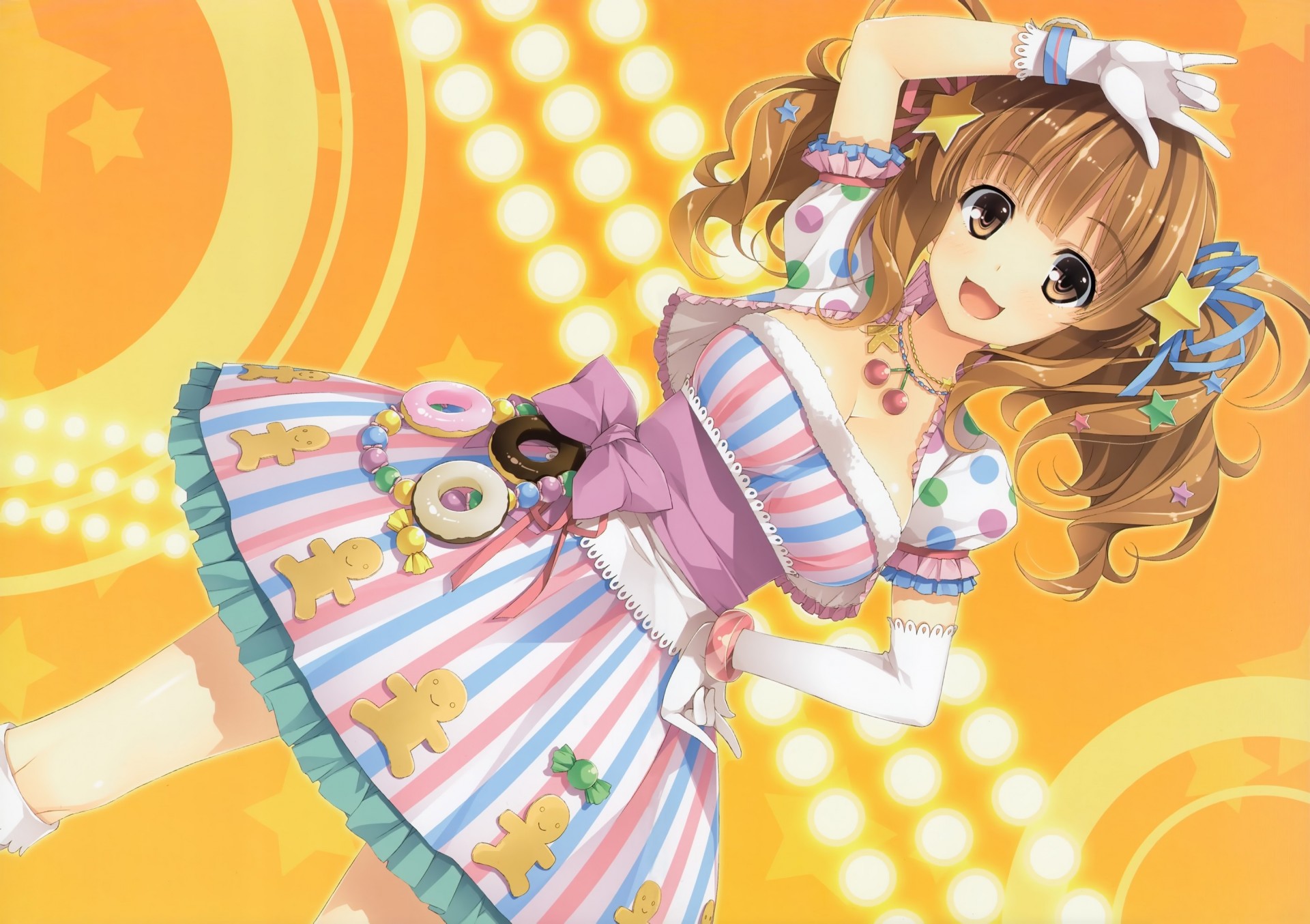 brown eyes twintails blush gloves necklace dress brown hair