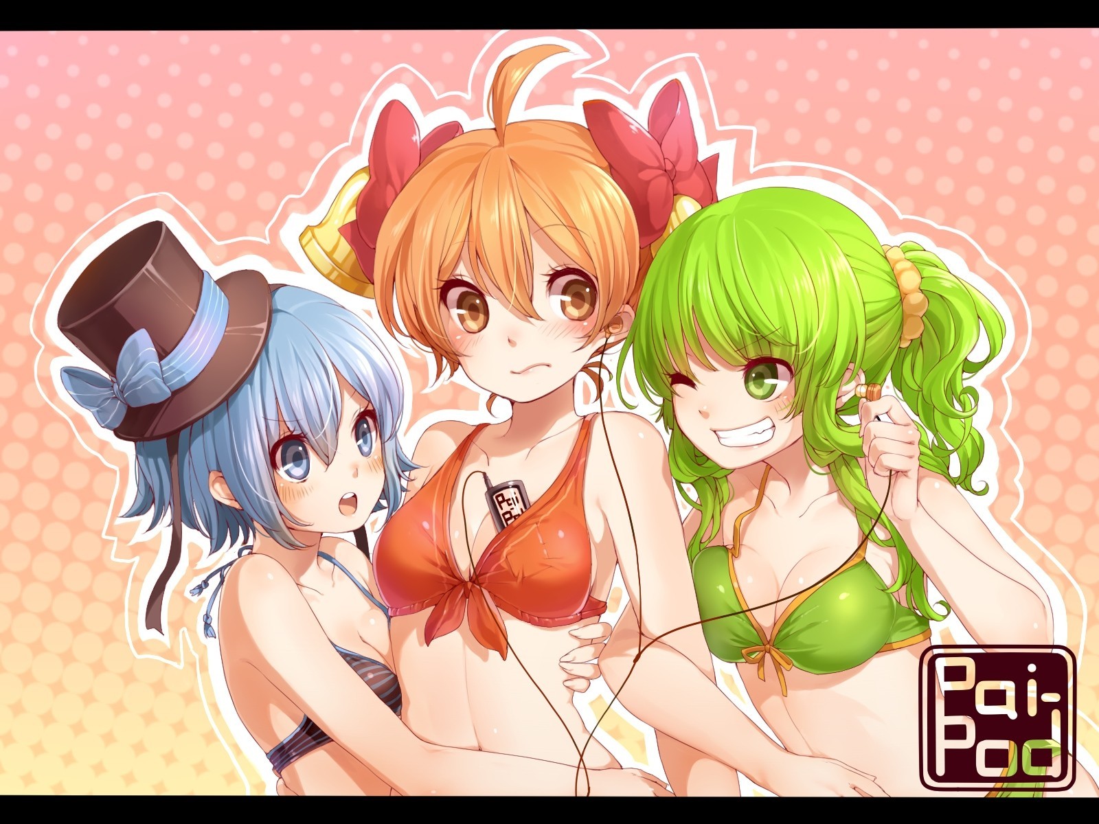 blue eyes short hair brown eyes hat blush bikini swimsuit green hair green eyes long hair 3girls blue hair torment brown hair