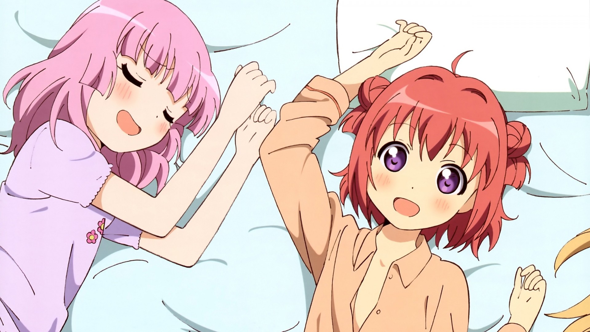 red hair pink hair blonde hair blush bed sleep purple eyes yoshikawa tinatsu toshinou kyouko 3girls akaza akari