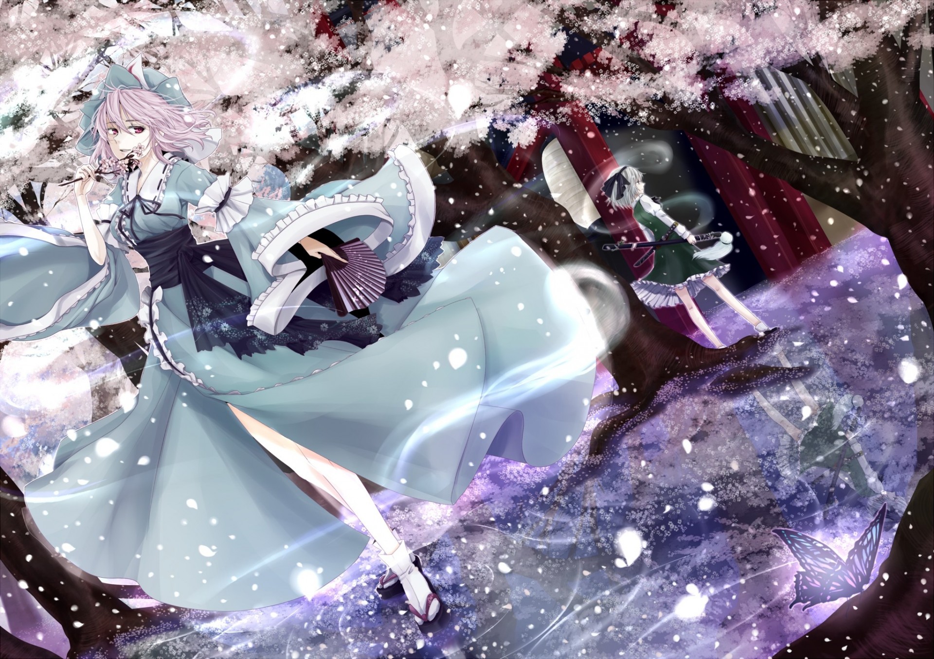 blue eyes short hair pink hair tapes fan light white hair sword skirt 2girls weapon japanese clothes cherry kimono konpaku youmu tree pink eyes water sakura myon