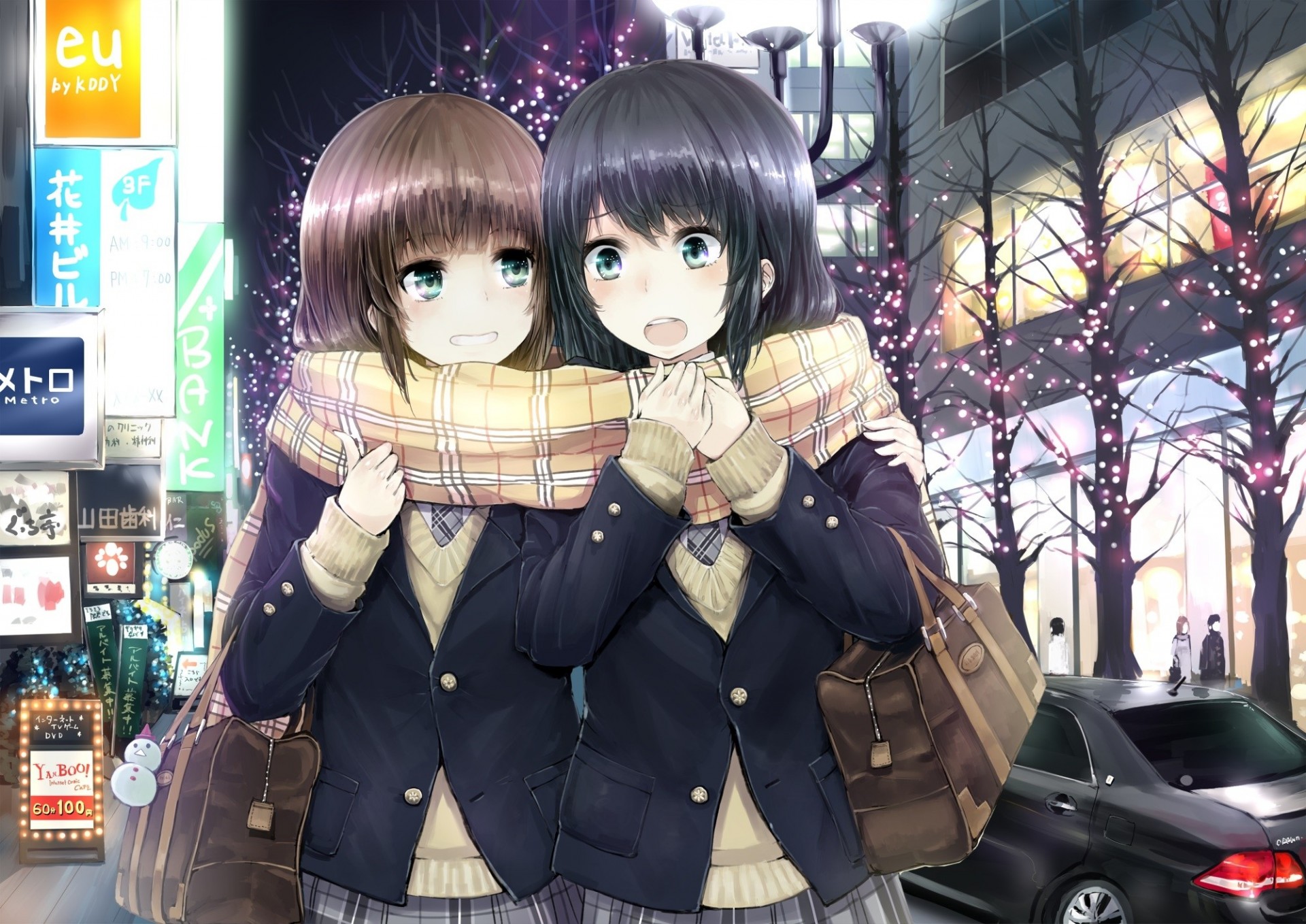 eifuku black hair night scarf 2girls green eyes brown hair