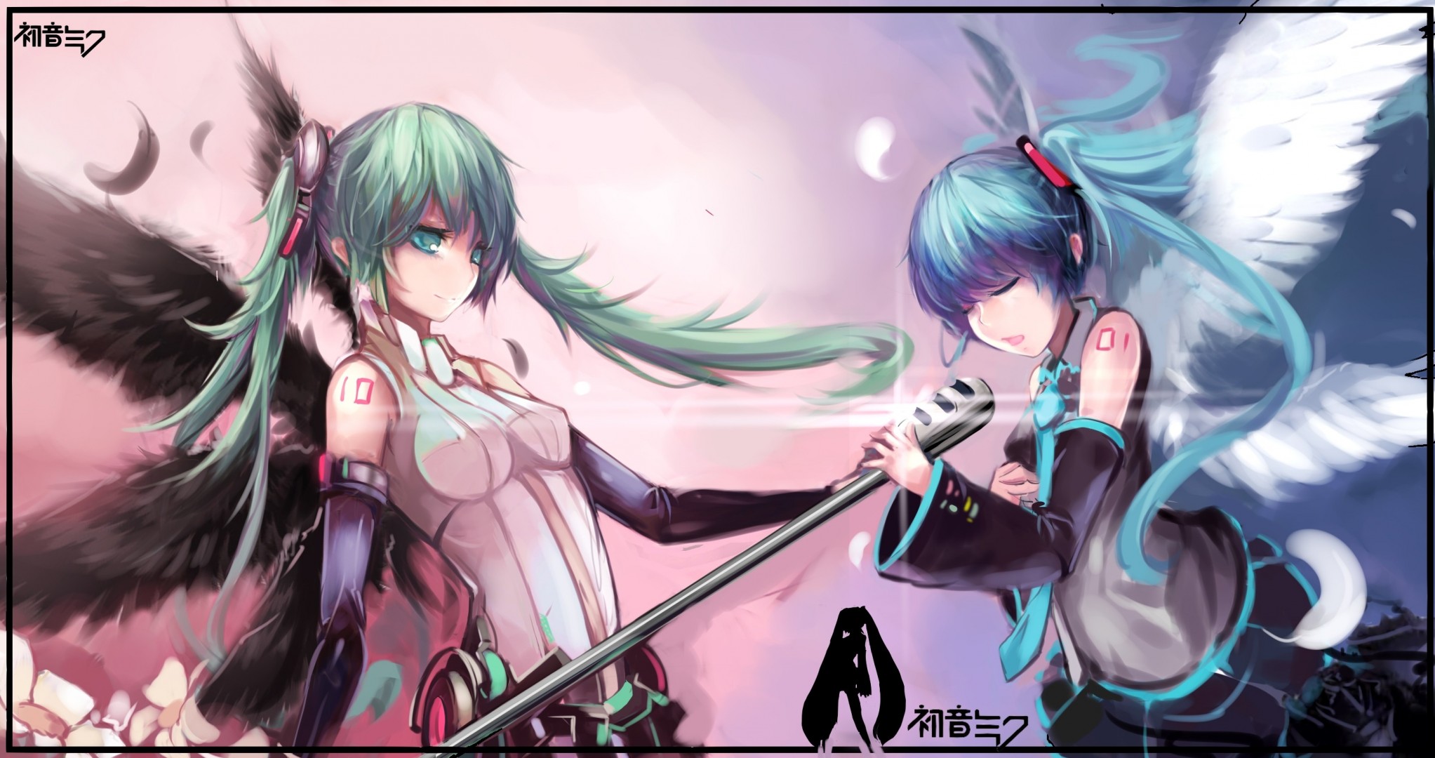 feathers long hair hatsune miku twintails 2girls microphone bind wing