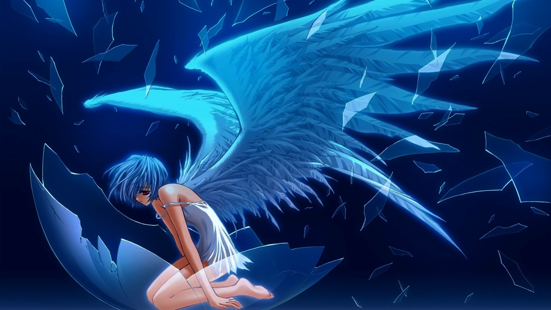 hort hair barefoot red eyes blue angel dress wings blue hair